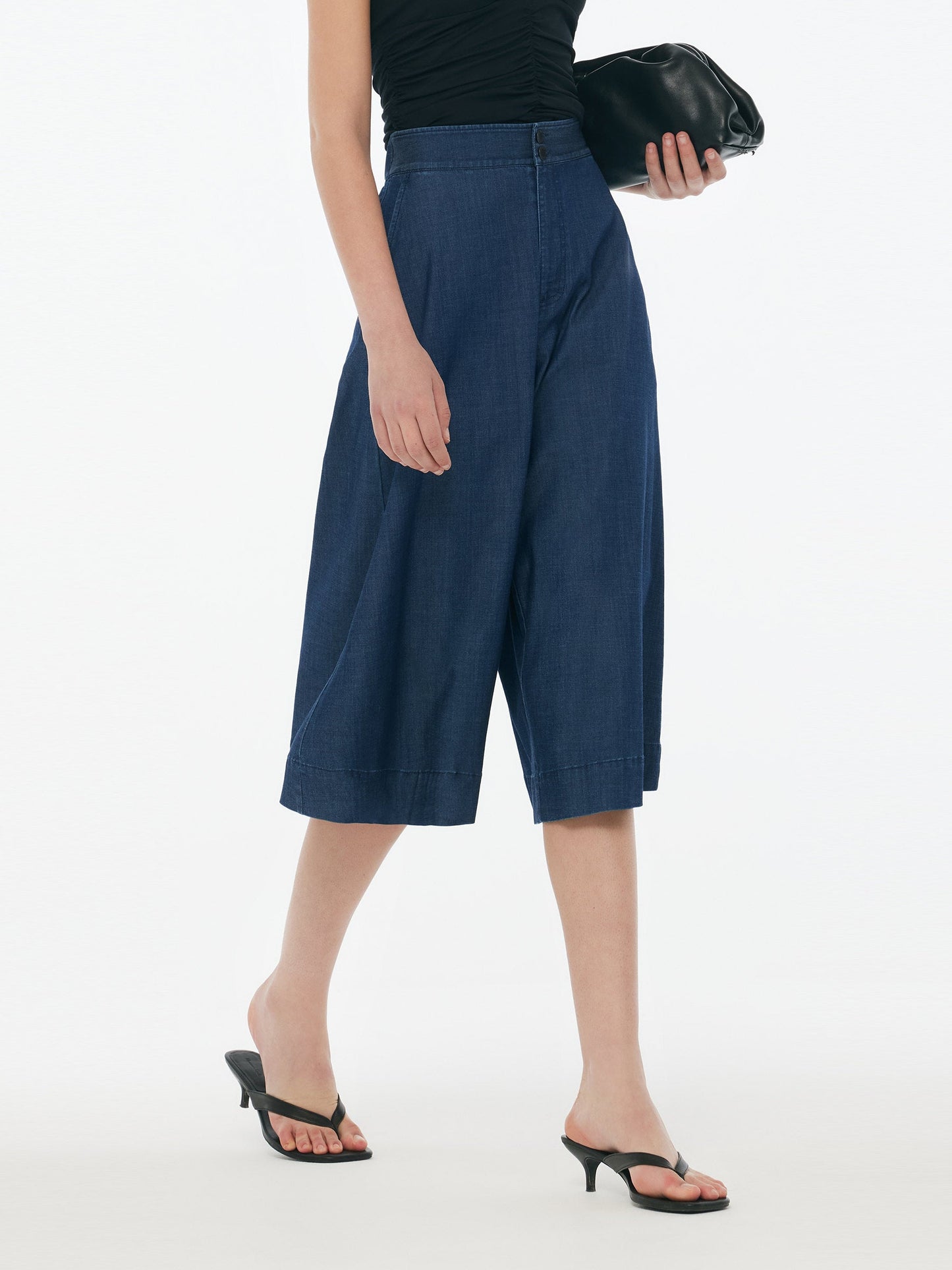 Denim High Waisted Women Wide Leg Cropped Culottes