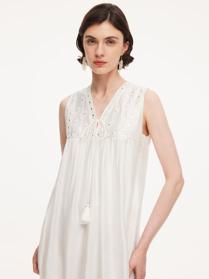 Tencel Blend Embroidered Women Sleeveless Maxi Dress