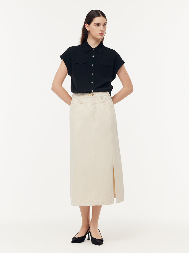 100% Cotton Denim Adjustable Waist Women Slit Skirt