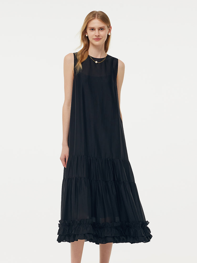 Tencel Ruffle Hem Women Tiered Vest Midi Dress With Slip Dress And Belt