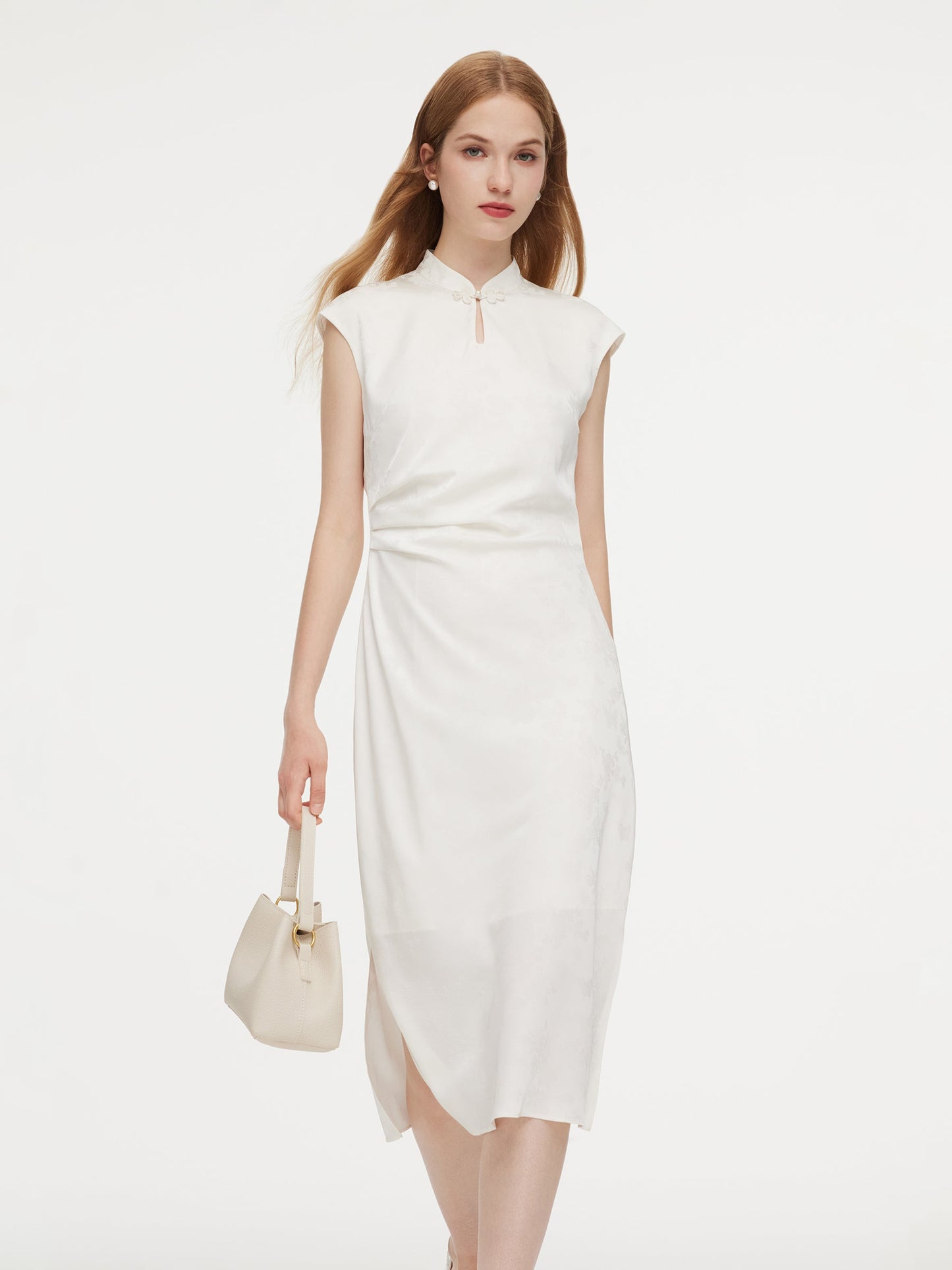 Jacquard Ruched Waist Women Qipao Maxi Dress