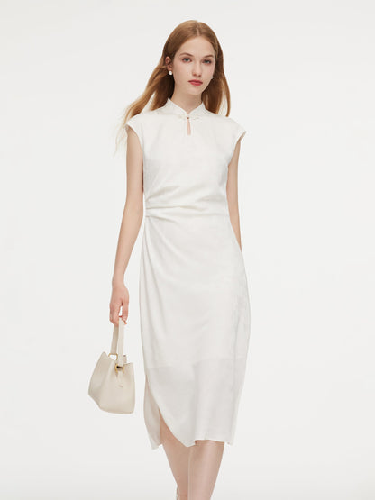 Jacquard Ruched Waist Women Qipao Maxi Dress