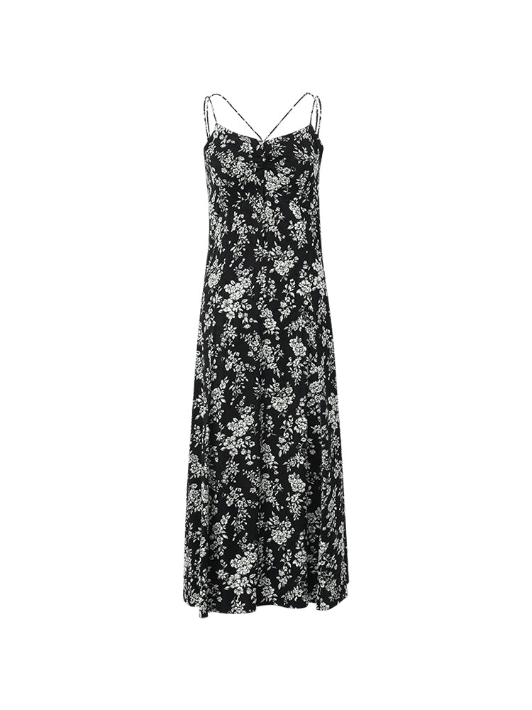 Camellia Print Spaghetti Strap Women Midi Dress