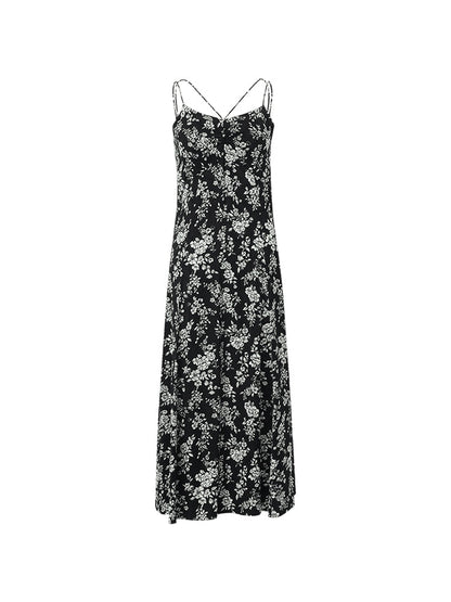 Camellia Print Spaghetti Strap Women Midi Dress