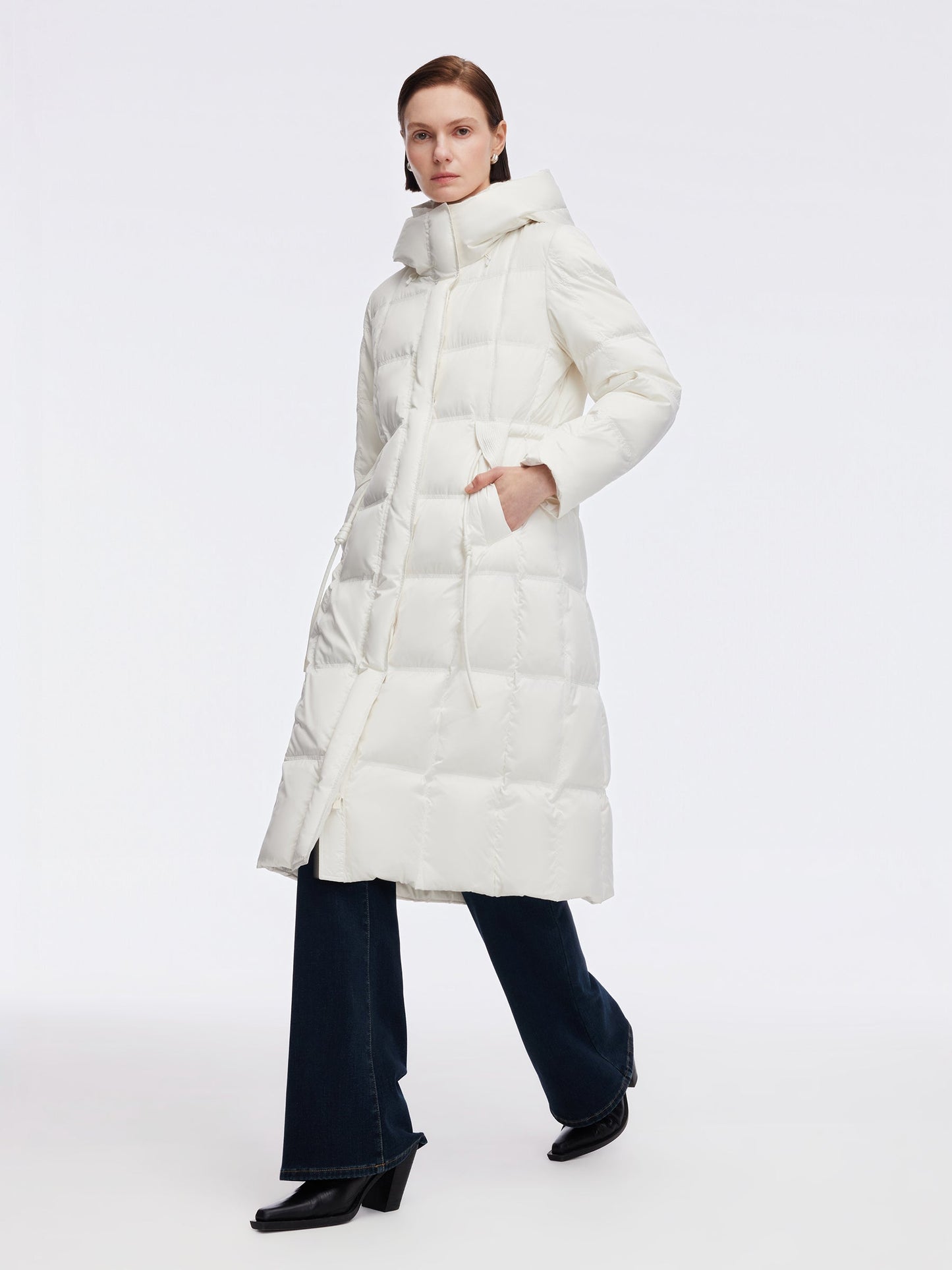 Drawstring Adjustable Waist Hooded Long Goose Down Coat