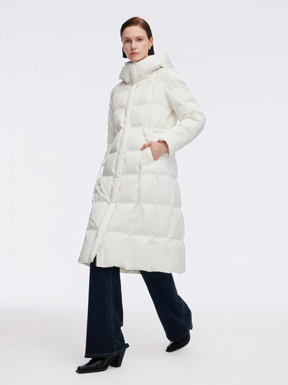 Drawstring Adjustable Waist Hooded Long Goose Down Coat