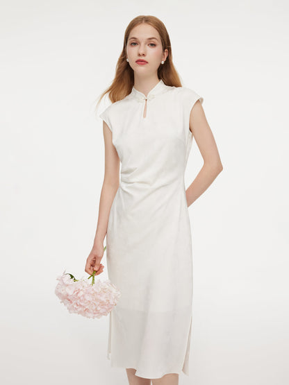 Jacquard Ruched Waist Women Qipao Maxi Dress