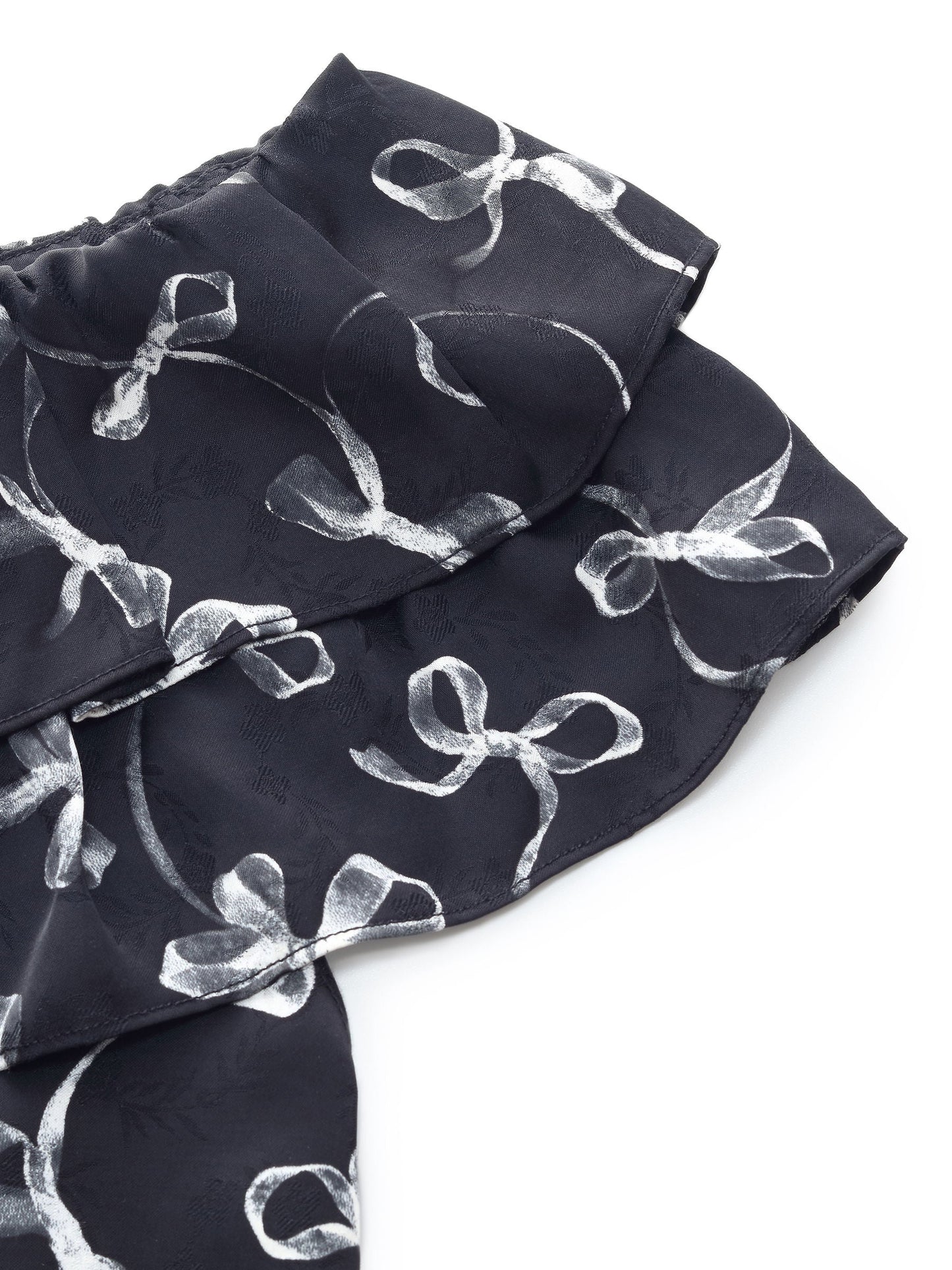Jacquard Ribbon Print Tie Front Women Ruffle Blouse