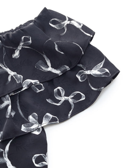 Jacquard Ribbon Print Tie Front Women Ruffle Blouse