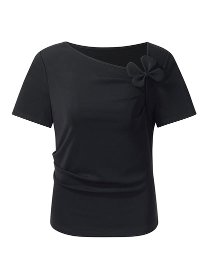 Acetate Blend Asymmetric Neckline Women T-Shirt