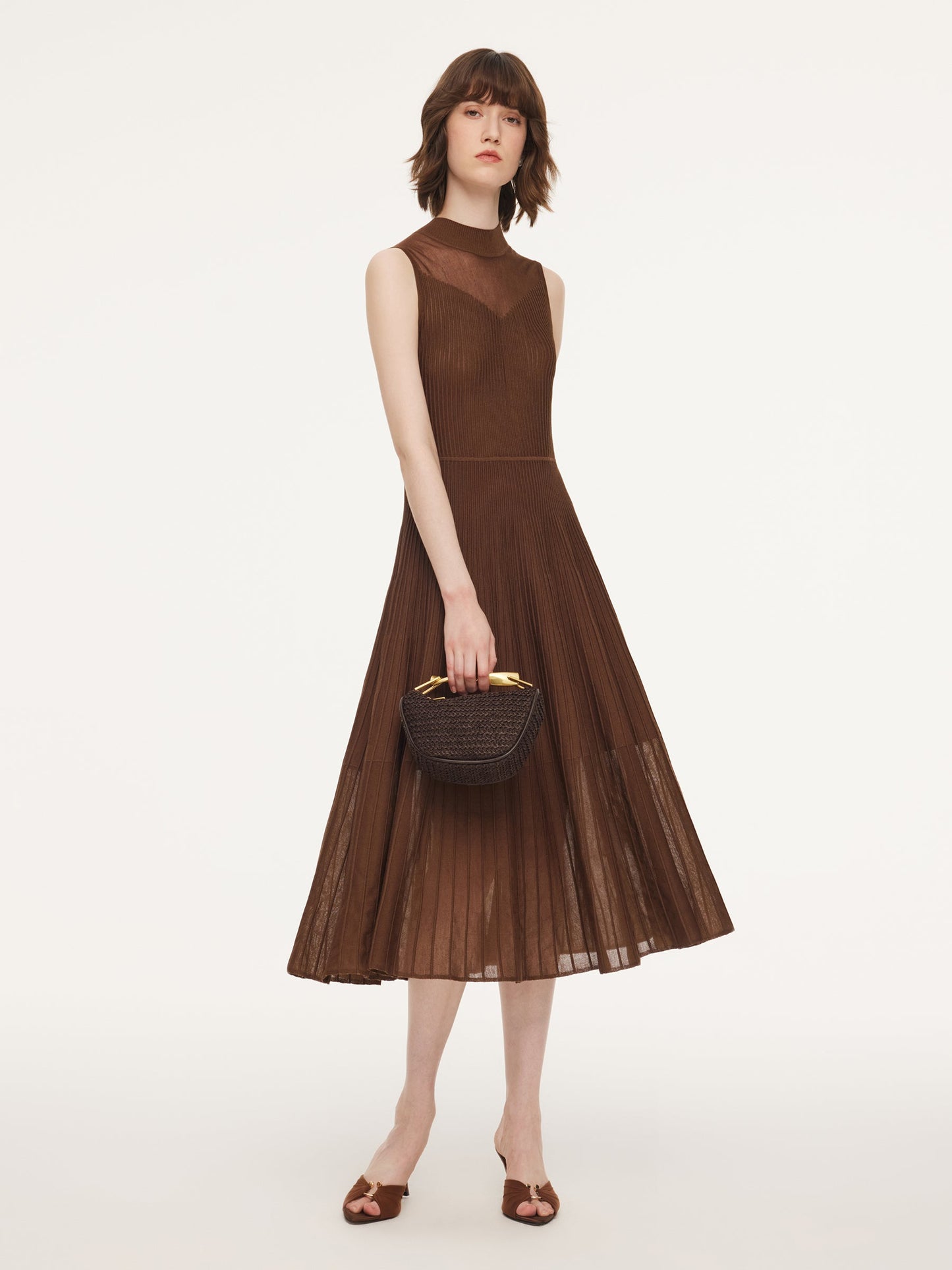 Mock Neck Sleeveless A-Line Women Pleated Maxi Dress