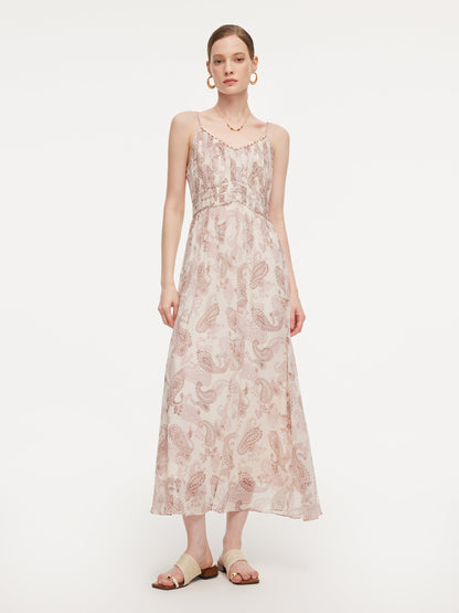 10MM Mulberry Silk Paisley Print Women Strap Maxi Dress