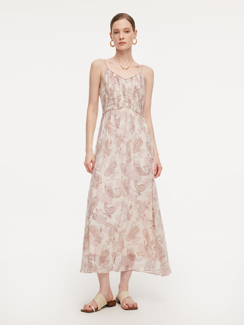 10MM Mulberry Silk Paisley Print Women Strap Maxi Dress