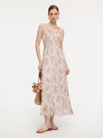 10MM Mulberry Silk Paisley Print Women Strap Maxi Dress