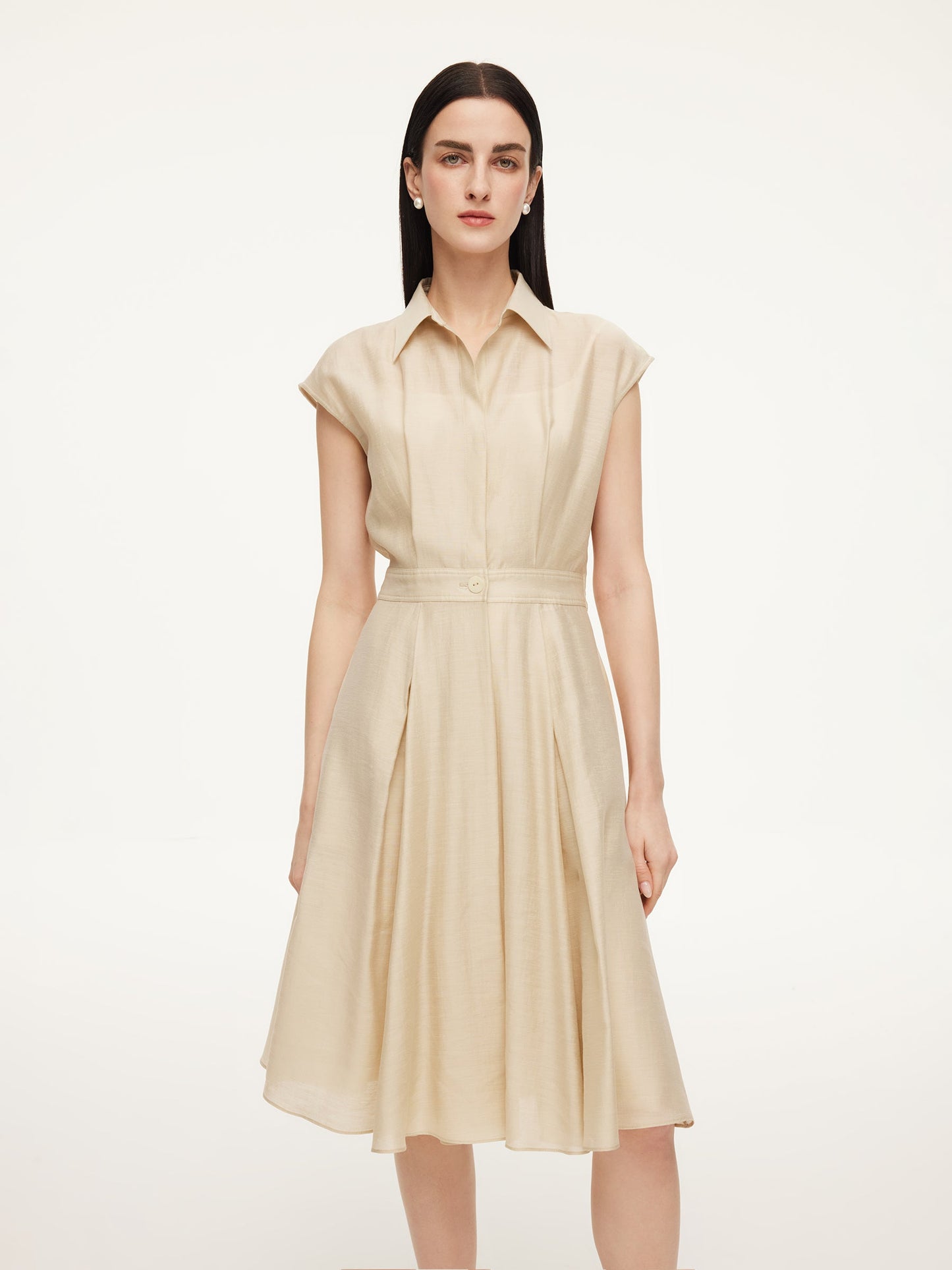 Tencel Acetate Linen Blend Cap Sleeve Women Midi Shirt Dress