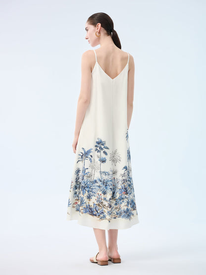 Tencel Linen Blend Floral Print Women Strap Maxi Dress