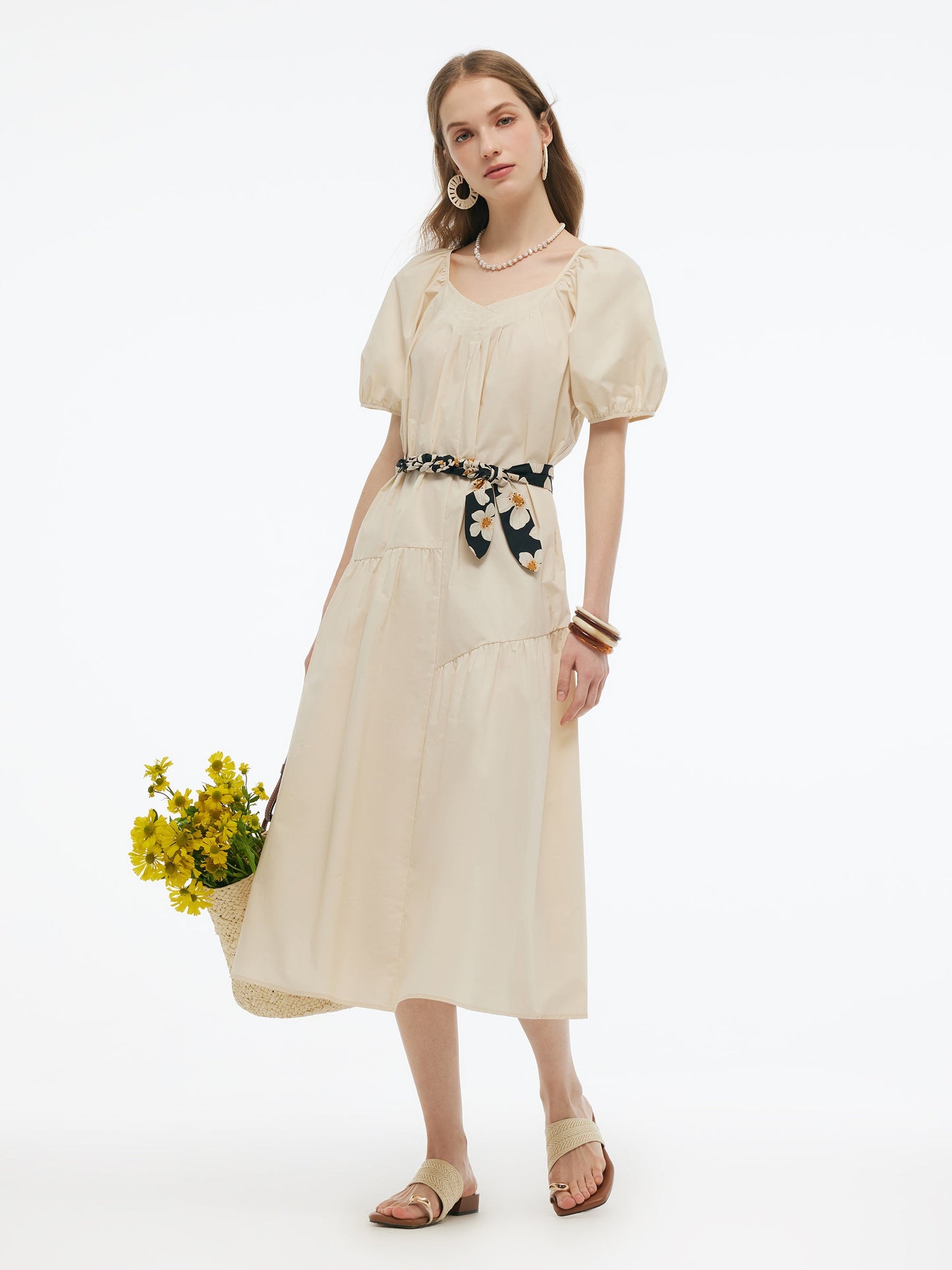 100% Cotton A-Line Women Maxi Dress With Two Tie Belts