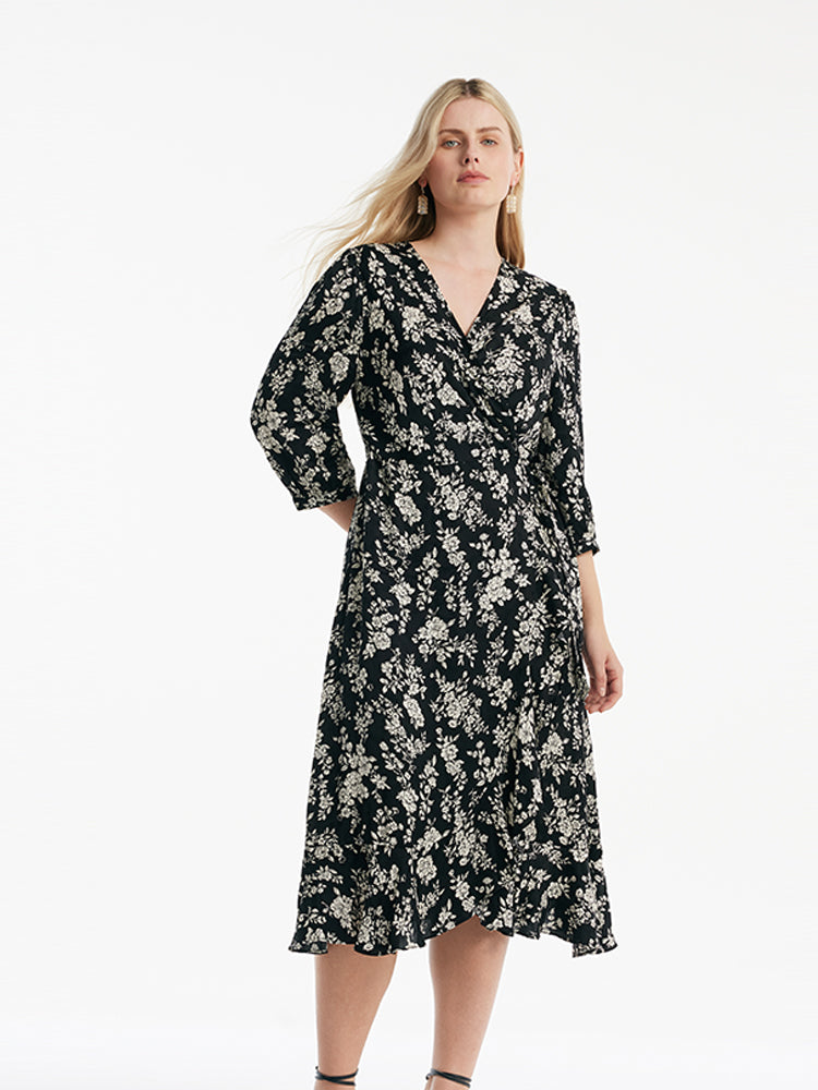 Camellia Print V-Neck Ruffle Hem Women Midi Wrap Dress