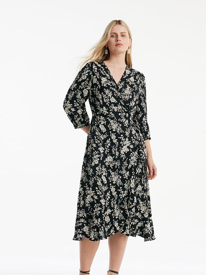 Camellia Print V-Neck Ruffle Hem Women Midi Wrap Dress
