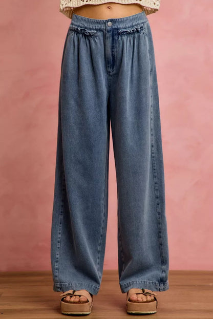 SO ME Mid Rise Ruffled Front Elastic Wide Leg Jeans