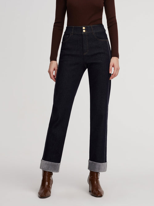 Denim High-Waisted Fleece Lined Women Folded Jeans