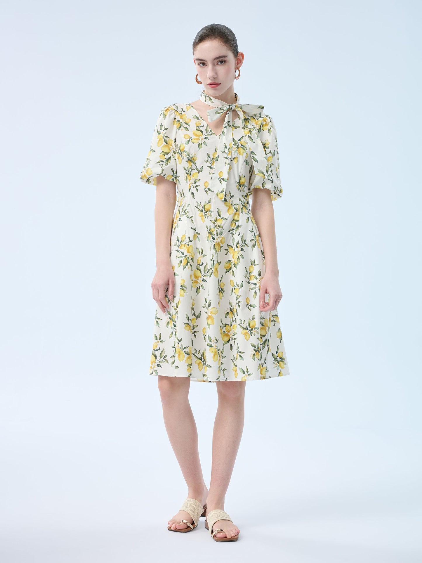 Cotton Lemon Print V-Neck Women Belted Midi Dress