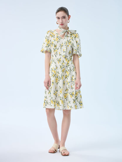 Cotton Lemon Print V-Neck Women Belted Midi Dress