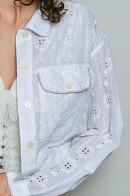 POL Eyelet Textured Cotton Cropped Button Front Jacket
