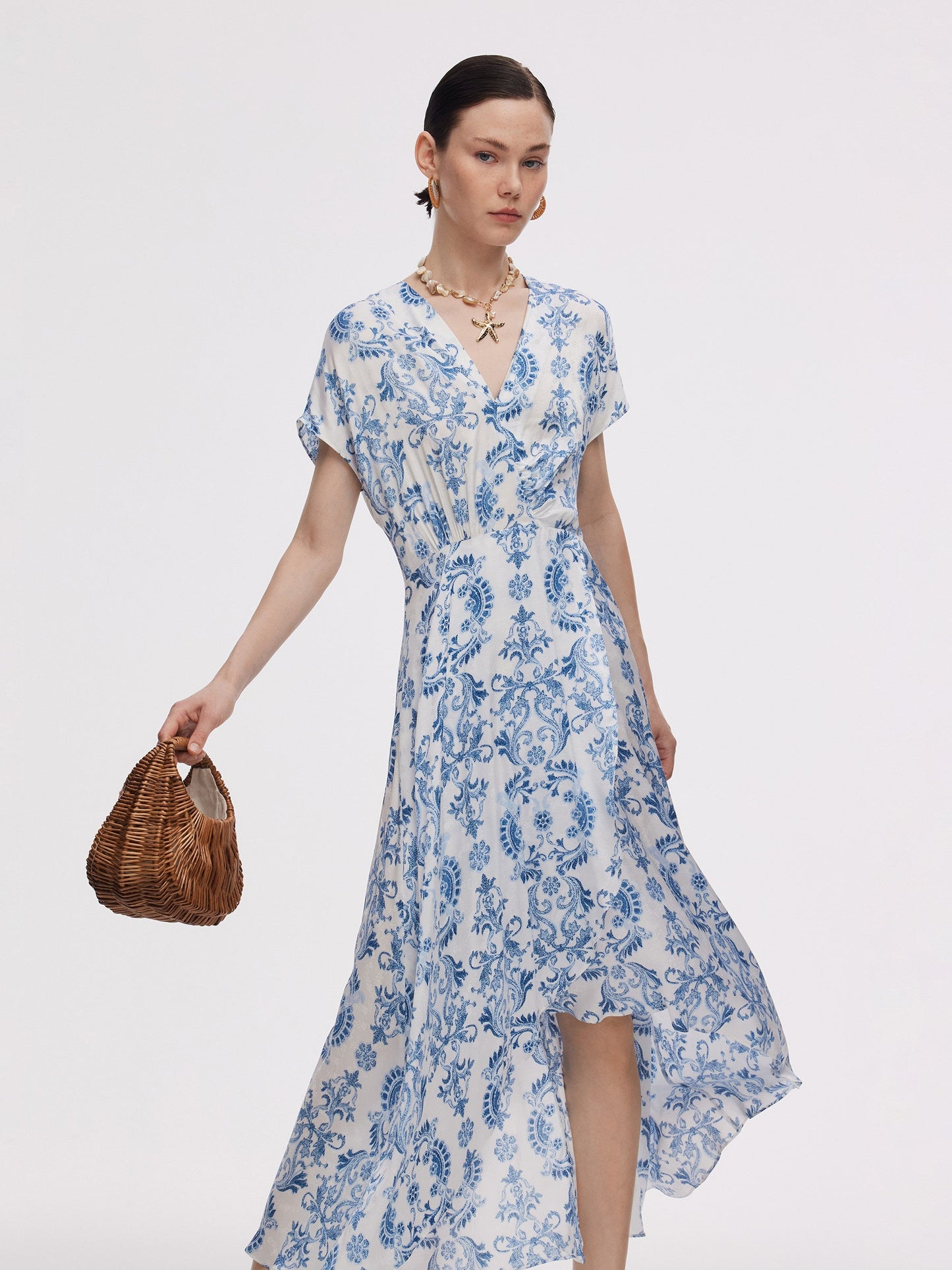 Floral Print Asymmetric Hem Women V-Neck Maxi Dress