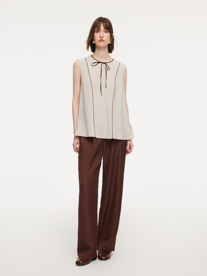 Acetate Blend Tie Front Contrast Trim Women Tank Top
