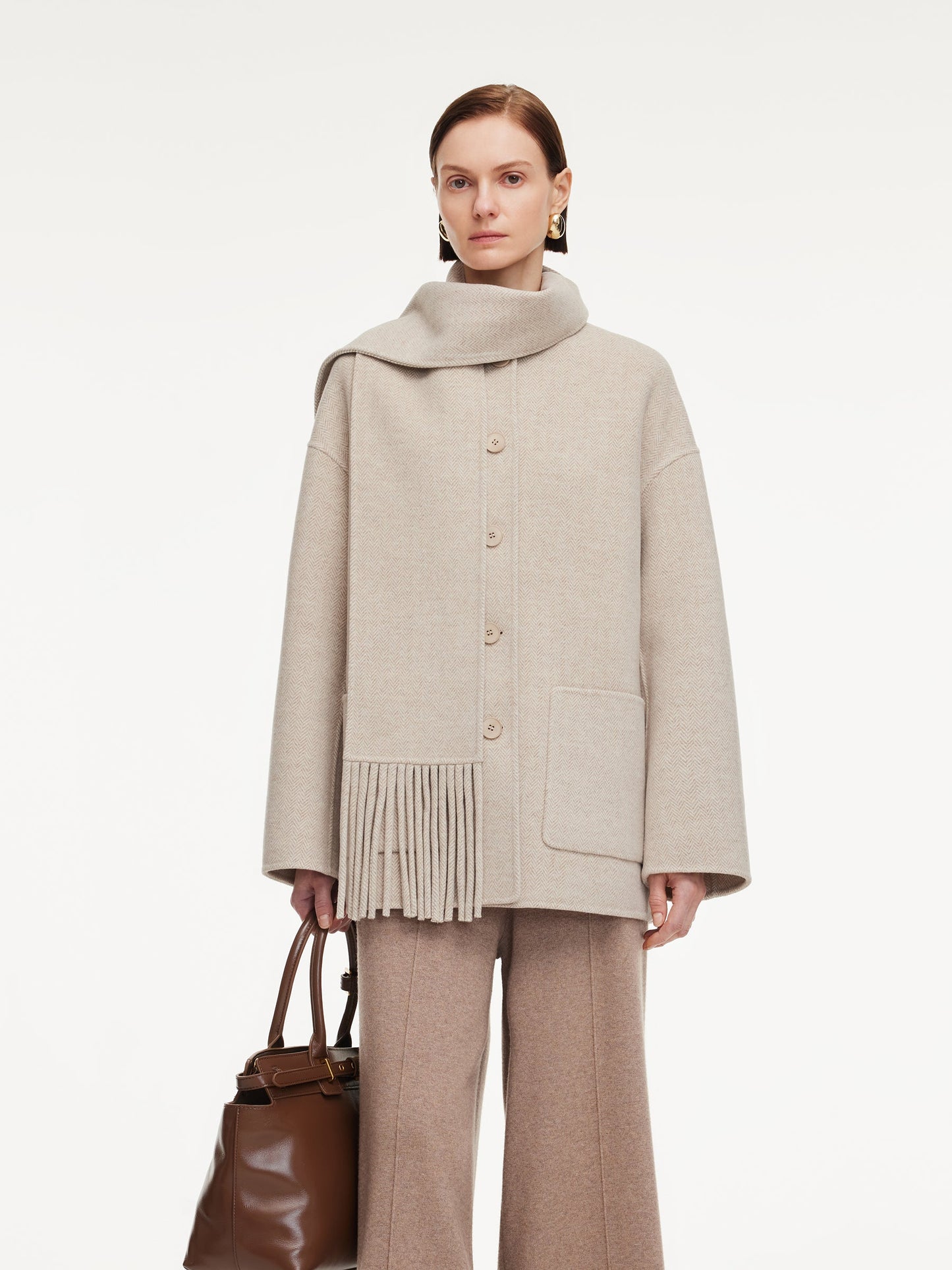 Cashmere Wool Blend Women Coat With Fringe Scarf