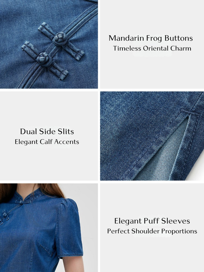 Gradient Denim Women Qipao Midi Dress
