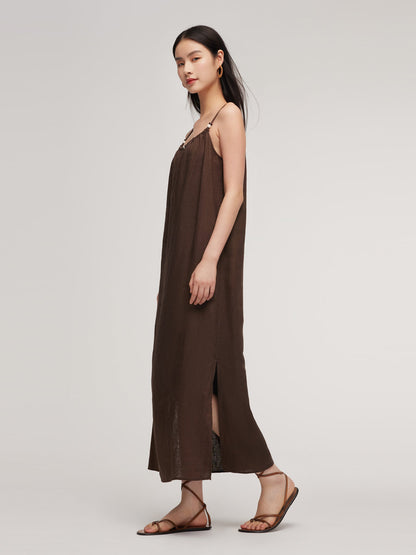 100% Linen Women Strap Maxi Dress With Tie String Belt