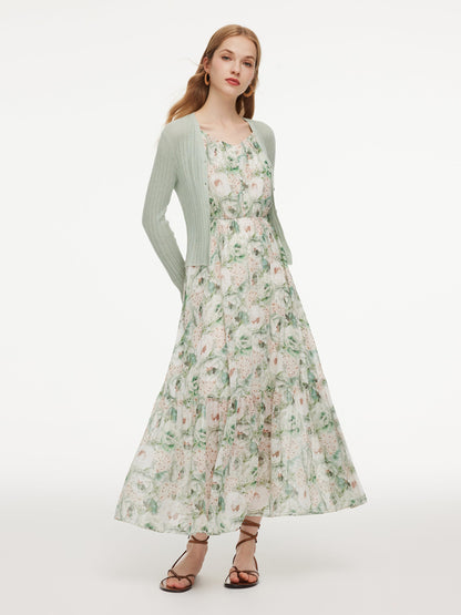 10MM Mulberry Silk Floral Print Women Strap Maxi Dress