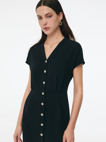 Triacetate Blend V-Neck Women Gathered Waist Midi Dress