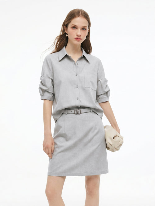 Lyocell Linen Blend Mock-Layered Women Mini Shirt Dress