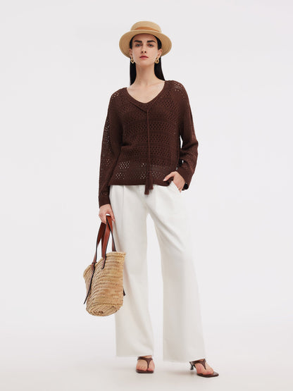 Linen Blend Openwork Pullover And Knit Tank Two-Piece Set