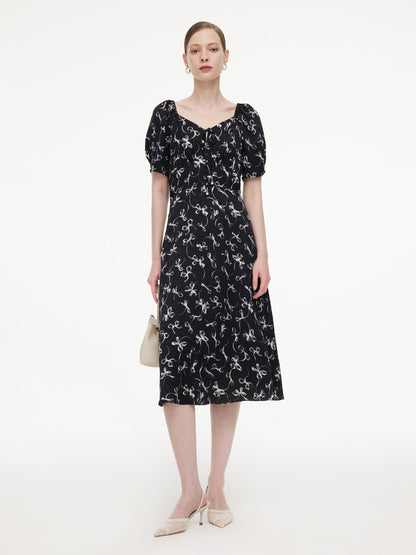 Ribbon Print Puff Sleeve Women Midi Dress
