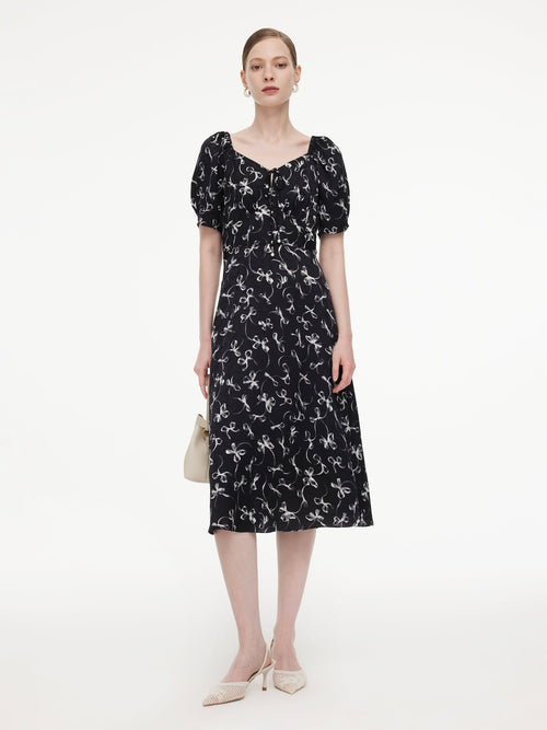 Ribbon Print Puff Sleeve Women Midi Dress