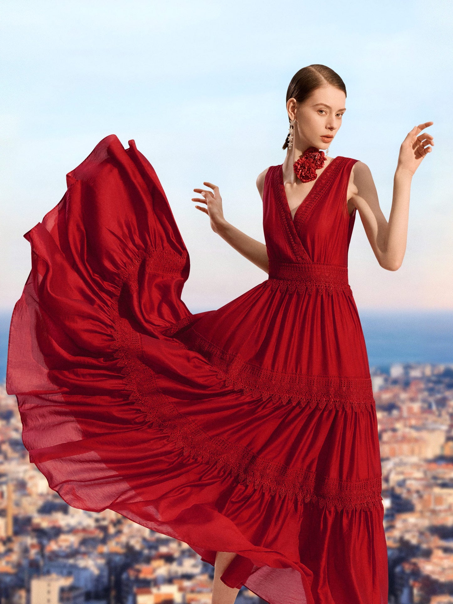 Tencel Lace Trim Women Maxi Vest Dress