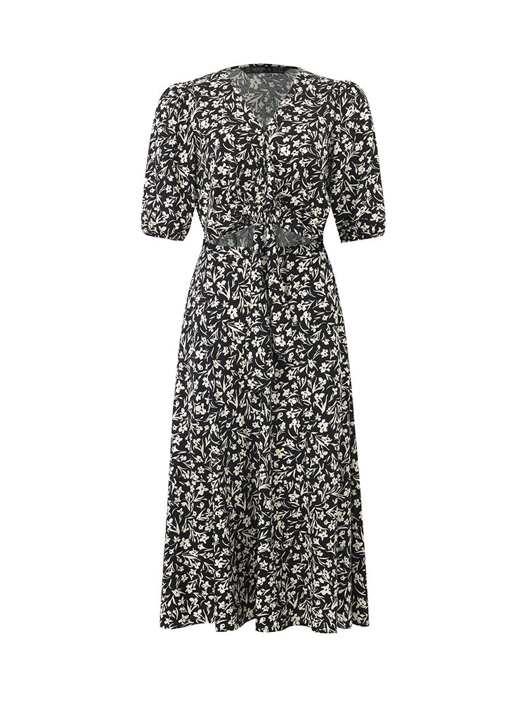 Iris Print V-Neck Tied Women Midi Dress
