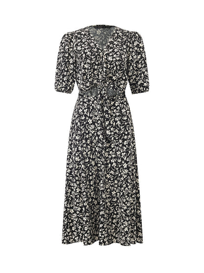 Iris Print V-Neck Tied Women Midi Dress