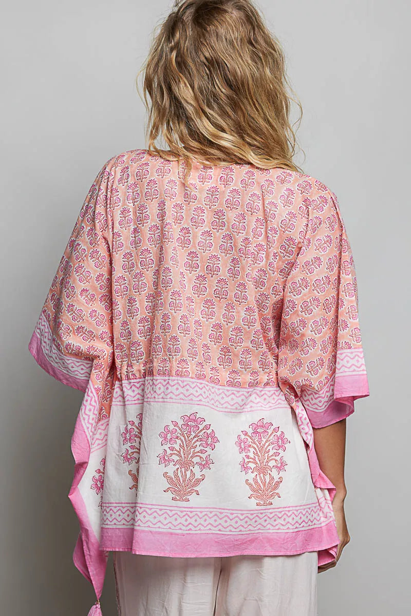 POL Block Print Floral Tie Front Boho Blouse