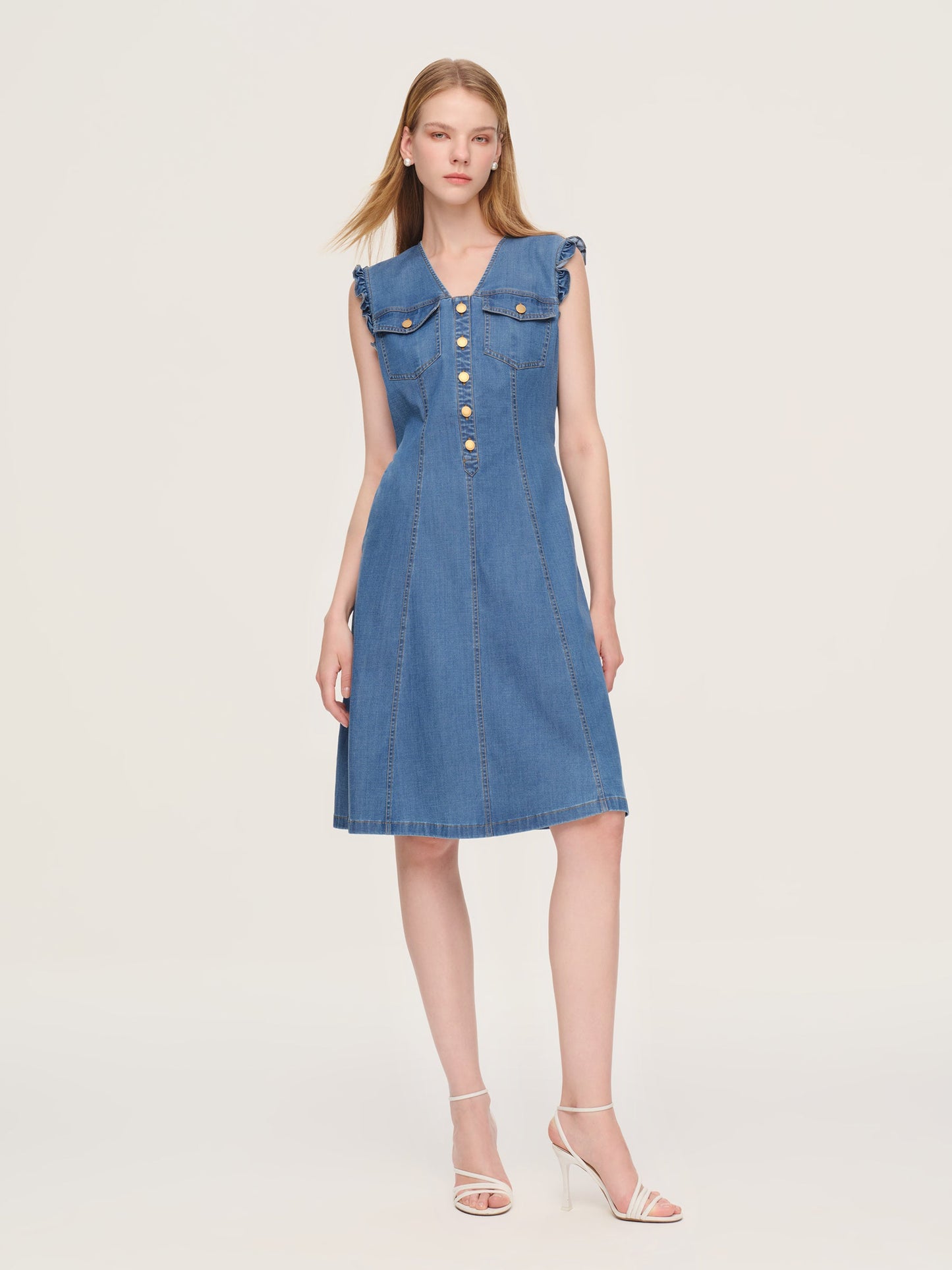 Lyocell Blend Denim V-Neck Women Sleeveless Midi Dress