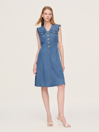 Lyocell Blend Denim V-Neck Women Sleeveless Midi Dress