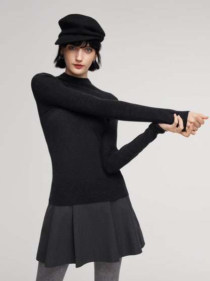 100% Wool Seamless Mock Neck Women Knit Top