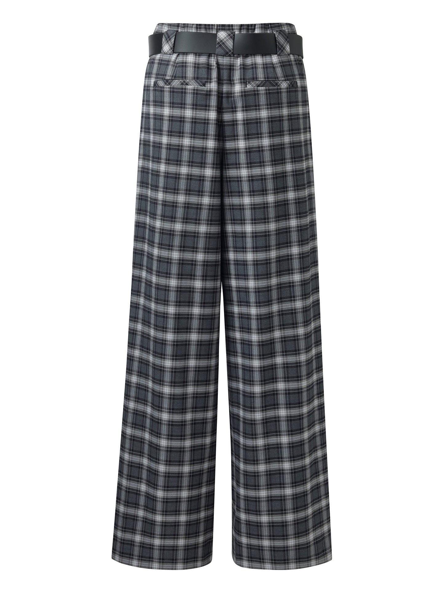Plaid Loose Wide Leg Women Pants With Leather Belt