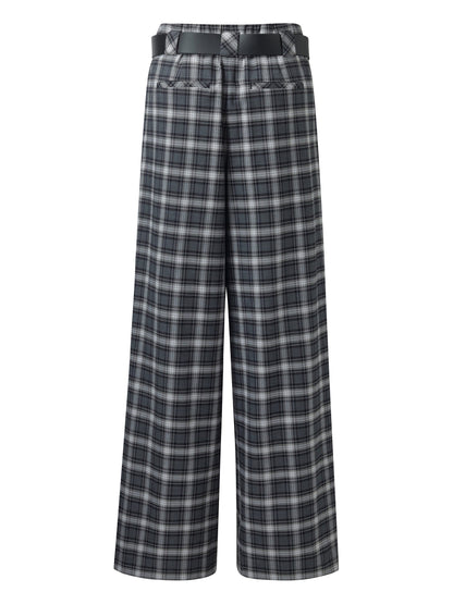 Plaid Loose Wide Leg Women Pants With Leather Belt