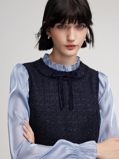 Wool Blend Tweed Sequins Faux-Layered Women Mini Dress