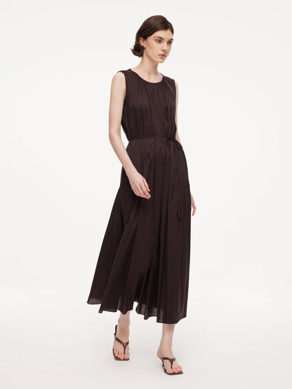 Cotton Blend A-line Women Sleeveless Maxi Dress With Self-Tie Belt